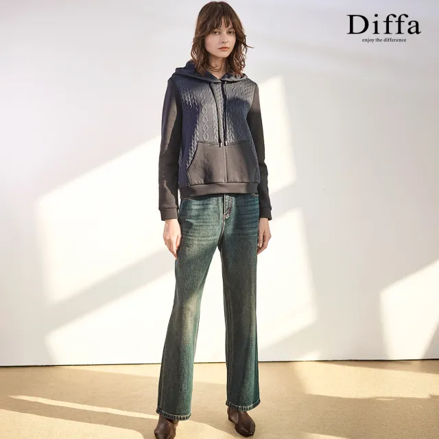 【Diffa】連帽異素材拼接貼袋針織衫-女