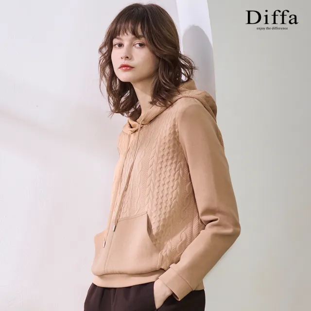 【Diffa】連帽異素材拼接貼袋針織衫-女