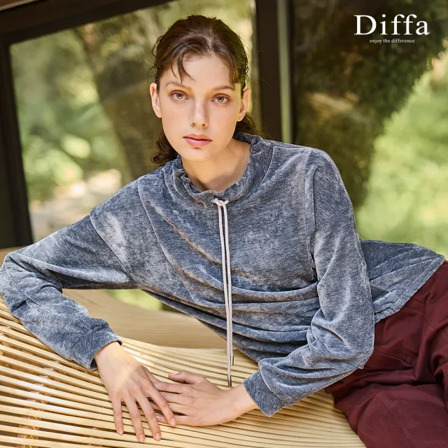 【Diffa】微立領抽繩落肩針織衫-女