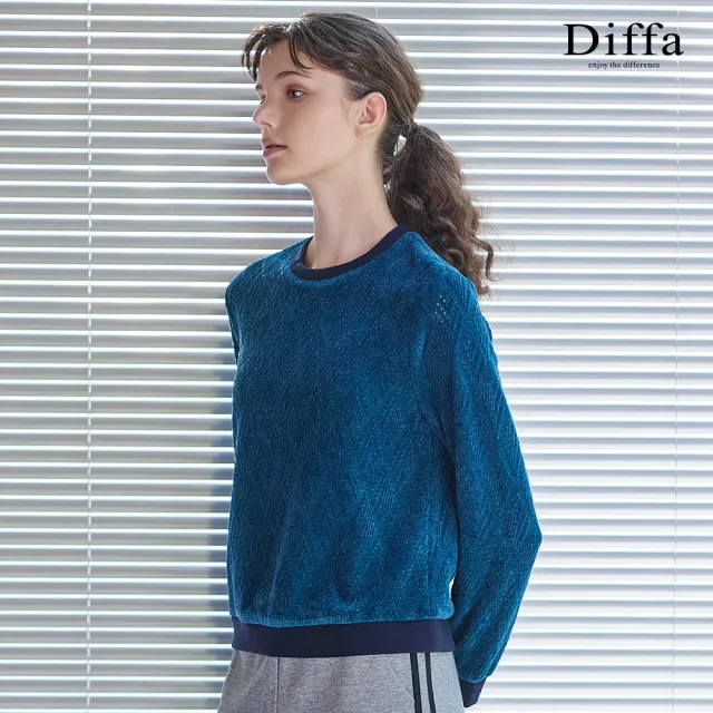 【Diffa】圓領植絨拼接羅紋針織衫-女