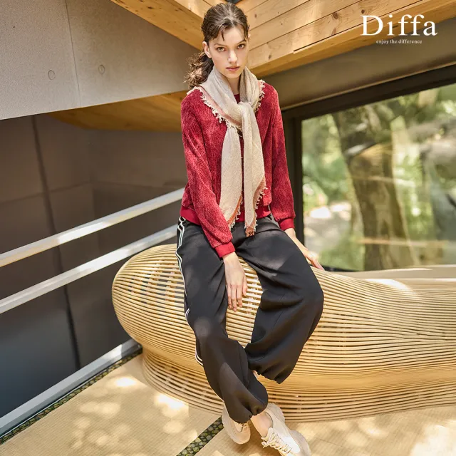 【Diffa】圓領植絨拼接羅紋針織衫-女
