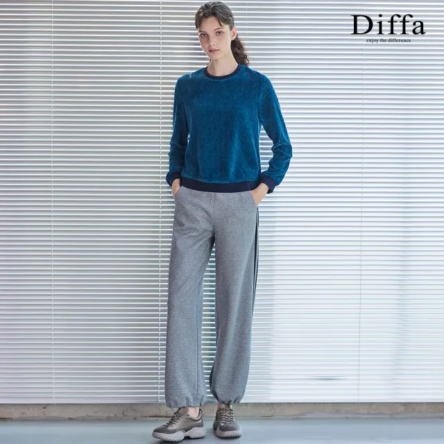 【Diffa】圓領植絨拼接羅紋針織衫-女