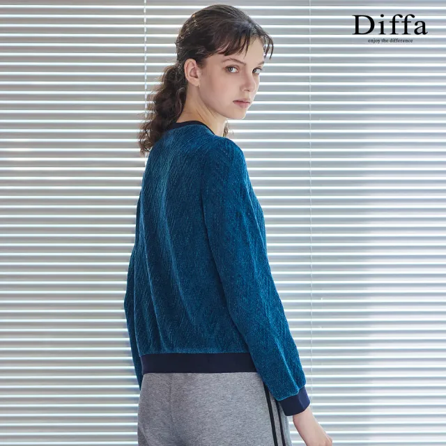 【Diffa】圓領植絨拼接羅紋針織衫-女