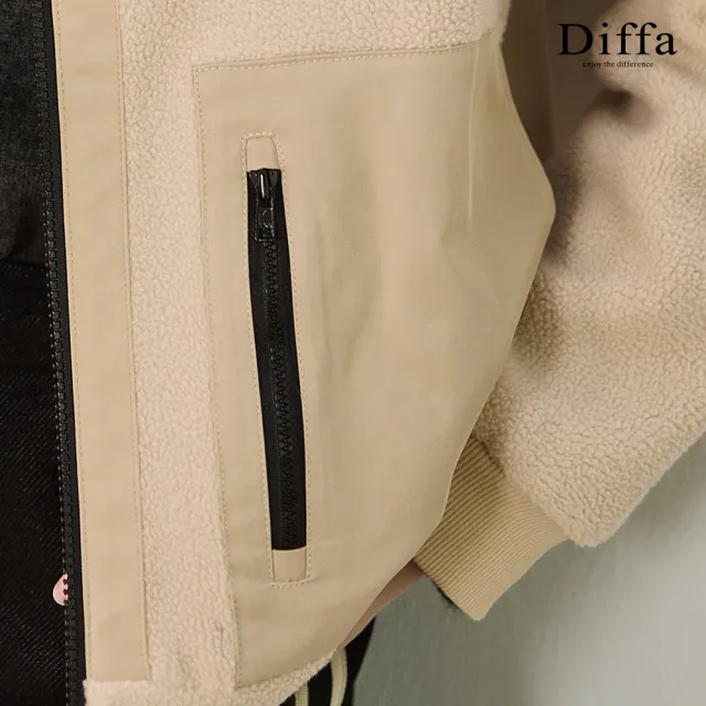 【Diffa】立領貼袋異素材拼接搖粒絨外套-女