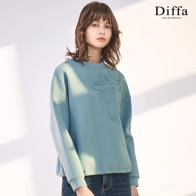 【Diffa】立領落肩葉子貼布繡針織衫-女