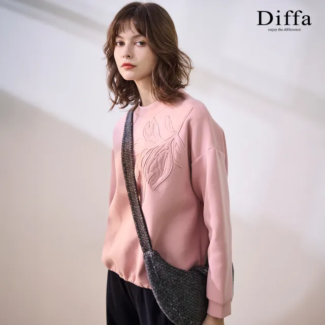 【Diffa】立領落肩葉子貼布繡針織衫-女