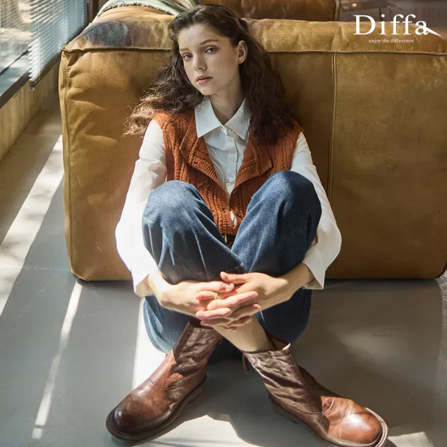 【Diffa】後口袋D字挑洞牛仔長寬褲-女(丹寧)