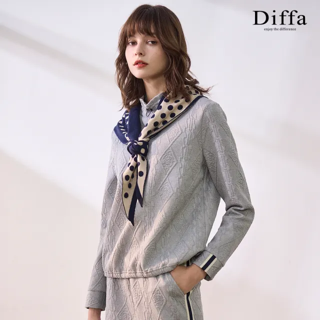 【Diffa】領抽繩菱格織紋針織衫-女