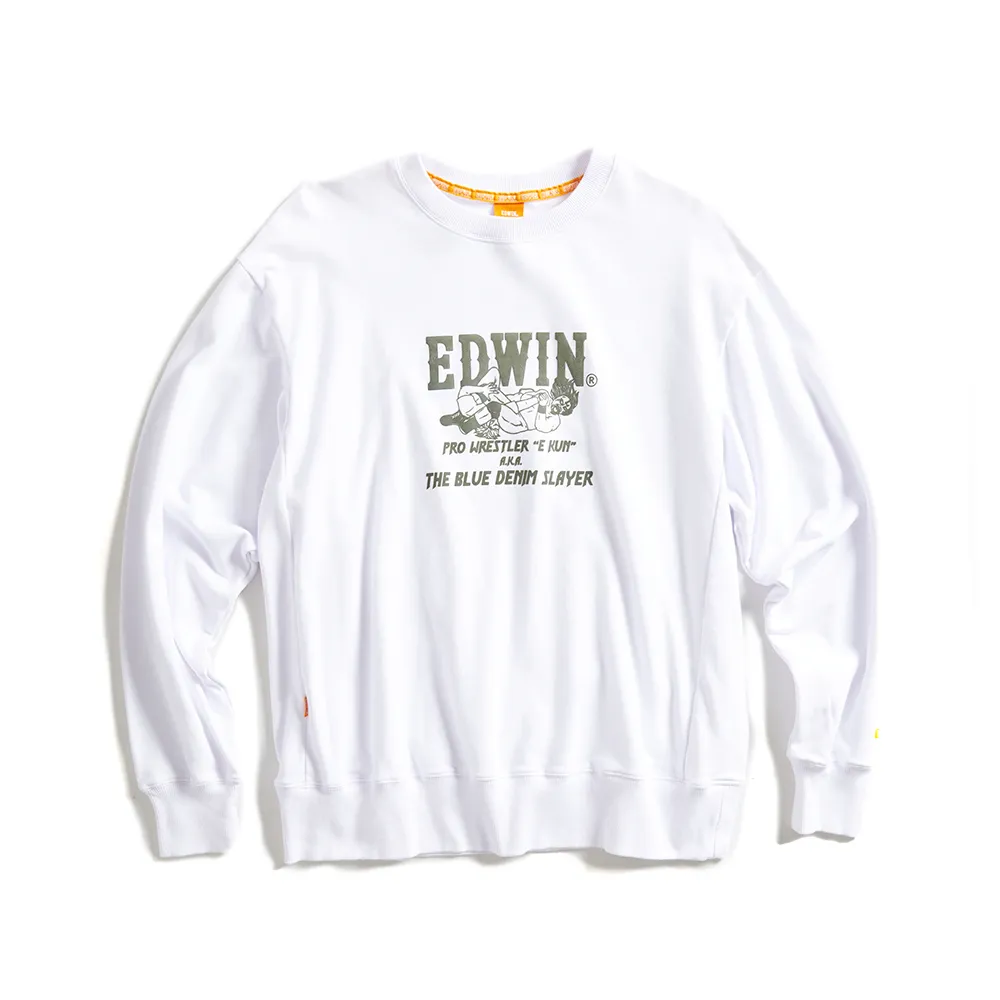 【EDWIN】男裝 橘標 摔角手E君摔角技寬版厚長袖T恤(白色)