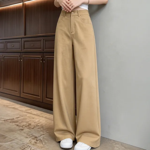 【LANNI 藍尼】★薄款高腰闊腿直筒褲(女裝/女長褲/休閒/百搭/日系/通勤)