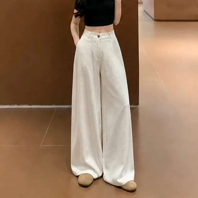 【LANNI 藍尼】★休閒高腰彎刀闊腿褲(女裝/女長褲/休閒/百搭/日系/通勤)