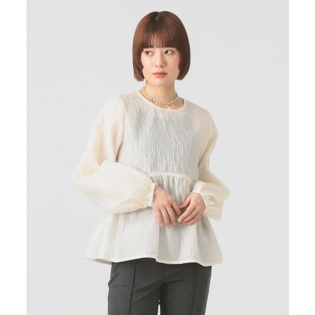 【BEAMS】官方旗艦館 Ray BEAMS / 女裝 緹花 抓皺 拼接 圓領 上衣