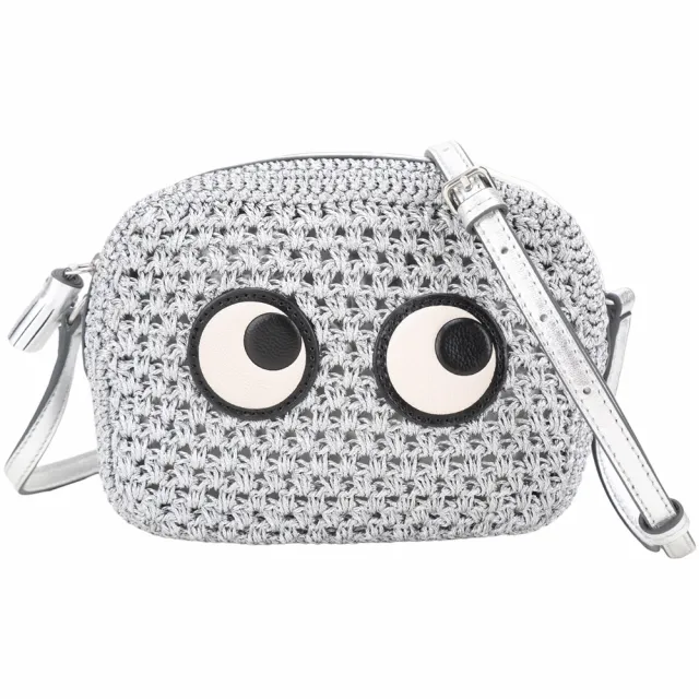 【ANYA HINDMARCH】Eyes 大眼睛山羊皮拼編織斜背相機包(銀色 設計師 英國精品)