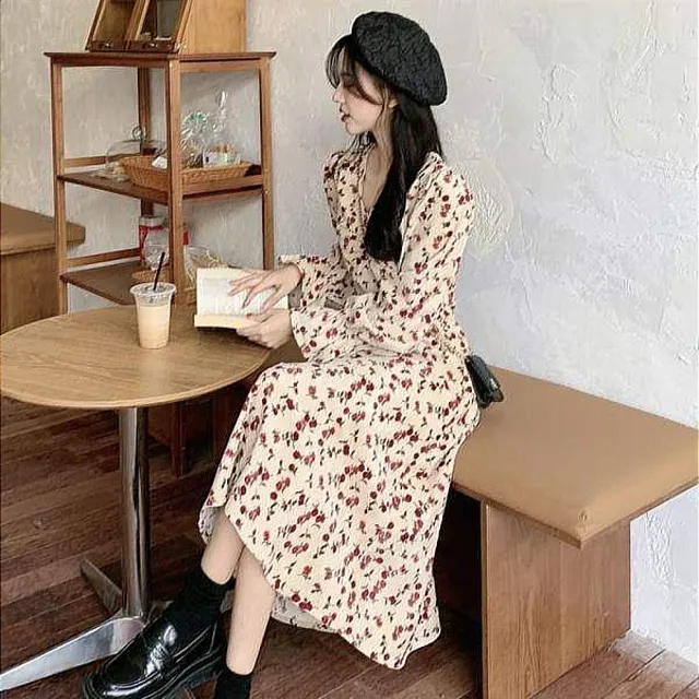【AKARA】中大尺碼 女裝 法式復古V領典雅長袖長裙洋裝 #dress #akara #style
