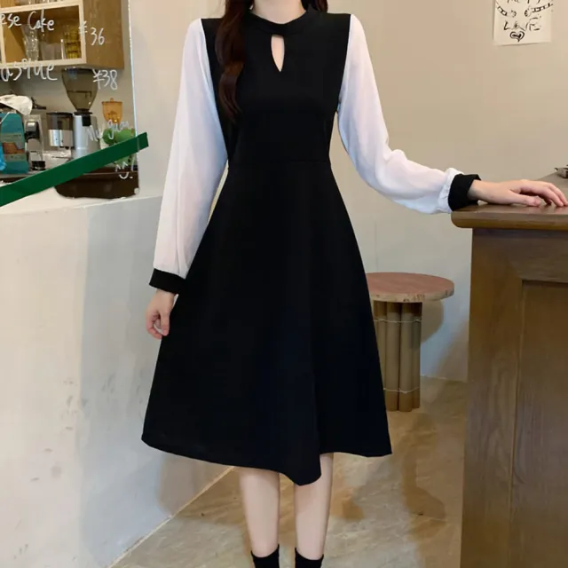 【AKARA】中大尺碼 女裝 法式復古小心機V領黑白長袖長裙洋裝 #dress #akara #style