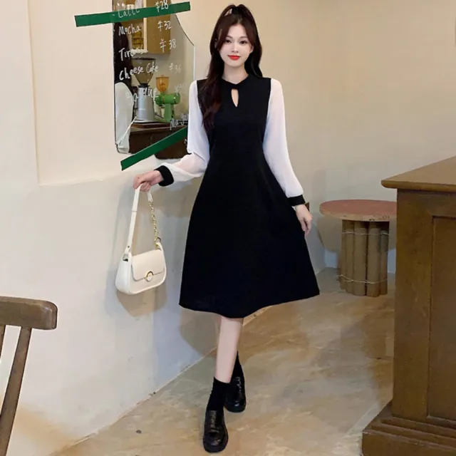 【AKARA】中大尺碼 女裝 法式復古小心機V領黑白長袖長裙洋裝 #dress #akara #style