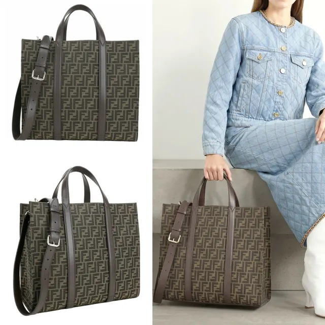 【FENDI 芬迪】Shopper FF 老花提花拼接小牛皮肩背托特包(咖啡色 通勤包 大容量包)