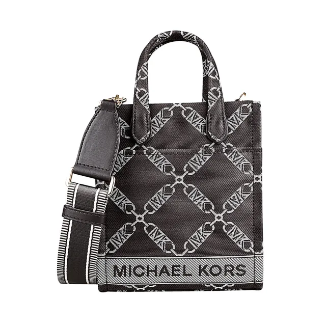 【Michael Kors】MICHAEL KORS 帆布Gigi系列鏈條圖騰斜背包(超小號/黑棕x白)