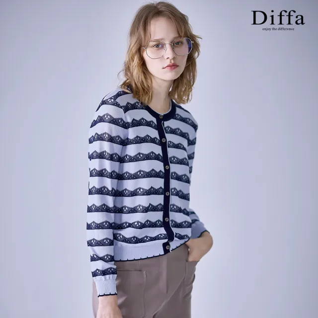 【Diffa】撞色織條提花開襟線衫-女