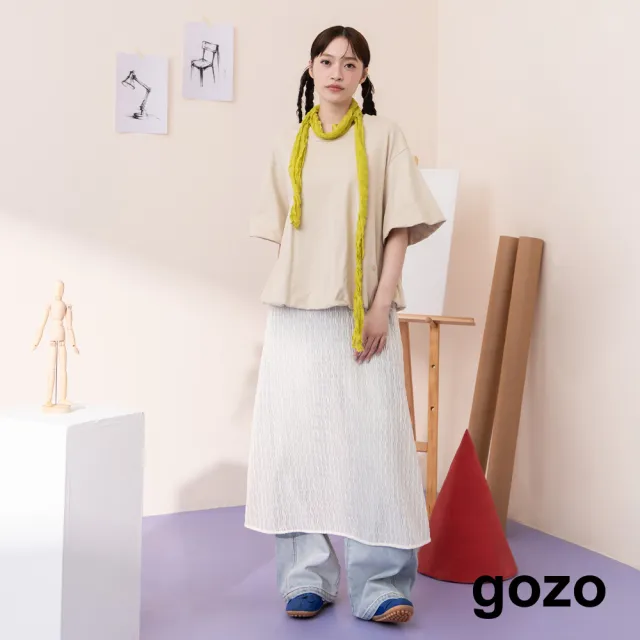 【gozo】蕾絲蓬蓬袖假兩件涼感洋裝(黑色/卡其)