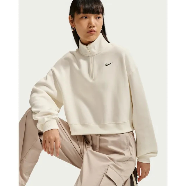 【NIKE 耐吉】半開襟上衣 女 AS W NK STDO FLC MW OS CROP QZ 運動 休閒 寬鬆 karina 米白 (IM8543133)