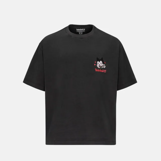 【Timberland】中性黑色厚磅寬版短袖貓圖案T恤(0YHV1001)