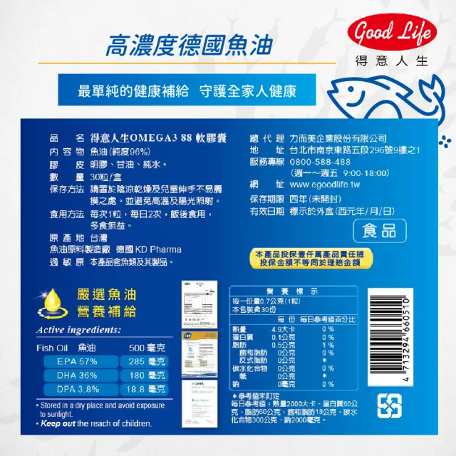 【得意人生】德國超高濃度OMEGA3 88魚油軟膠囊二入組(共60粒 DHA 魚油 OMEGA-3)