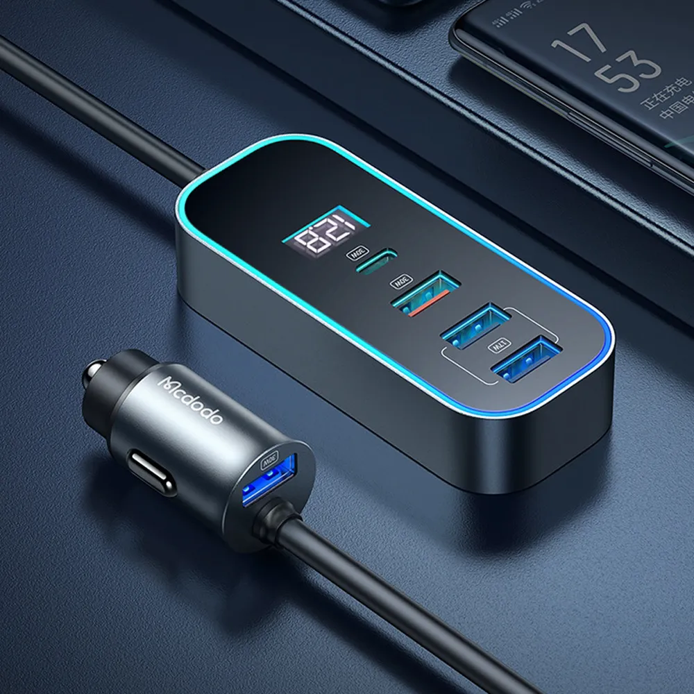 107W 5孔PD快充+QC 車用數顯充電器 車充 車載點菸器 1.5M