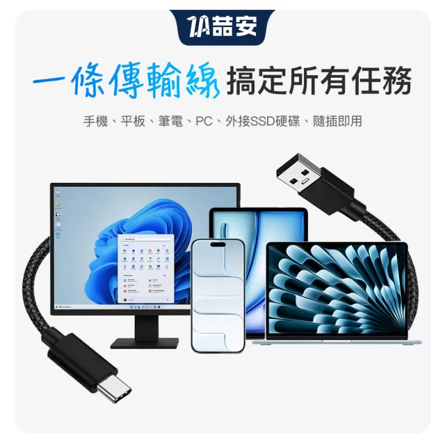 【ZA 喆安】USB2.0 Type-C編織充電線1m USB-A to Type-C傳輸線 適用iPhone 18/17/筆電/手機快充線