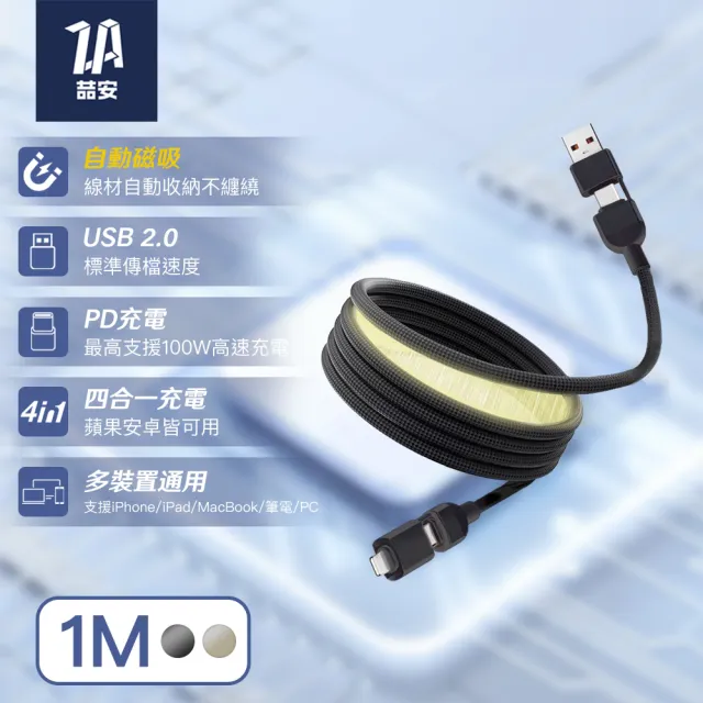 【ZA 喆安】USB2.0 四合一 Type-C to C磁吸編織充電線1m(適用iPhone 18/17/16/MacBook/手機快充線)