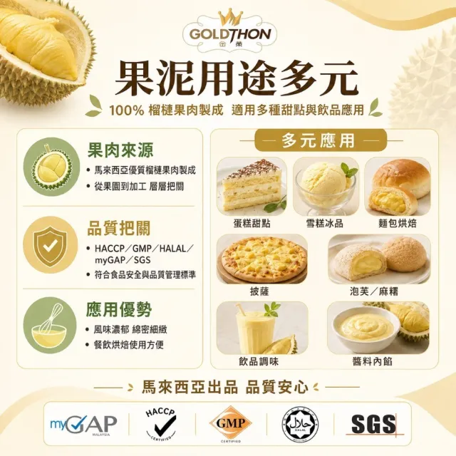 【Gold Thon】馬來西亞老樹蘇丹王榴槤果泥1公斤包裝(烘培 果醬 果泥 水果 烘培必備 烘培材料)