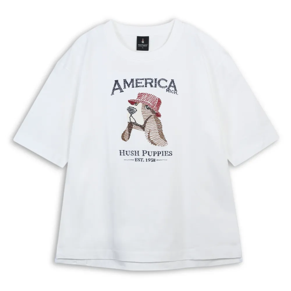 【Hush Puppies】男裝 T恤 漁夫帽狗線條刺繡寬版T恤 (白色 / 64111104)