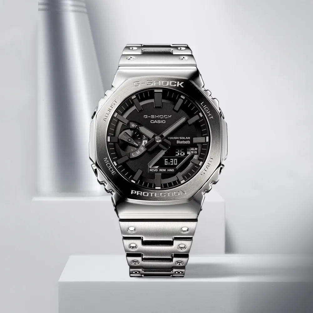 【CASIO 卡西歐】G-SHOCK 太陽能藍牙 金屬八角防護構造雙顯錶 情人節 送禮(GM-B2100D-1A)