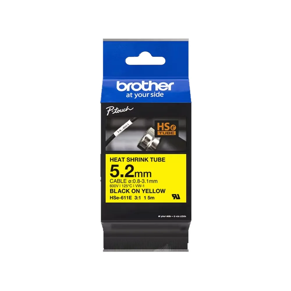 【brother】官方直營 HSe-611E 熱縮套管標籤帶 5.2mm 黃底黑字(適用:PT-E850TKW/E300/E500W/P900W/P950NW)
