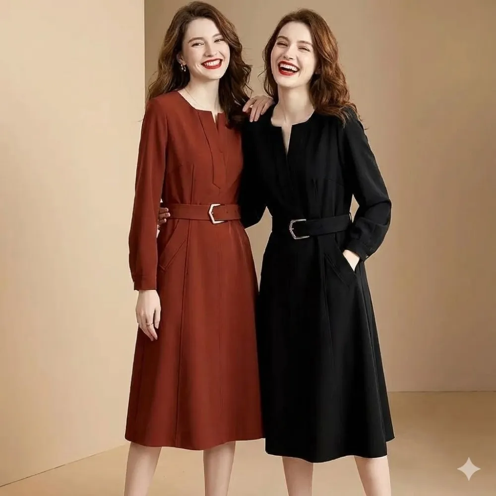 【巴黎精品】極速出貨 連身裙長袖洋裝(V領設計腰帶修身女裙子2色a1ar14 2N)