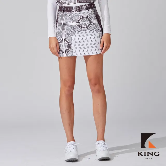 【KING GOLF】網路獨家-女款滿版變形蟲印花修身高爾夫球運動短裙-黑色