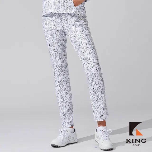 【KING GOLF】網路獨家-女款數位滿版白鳥印花修身彈力舒適高爾夫球長褲-白色