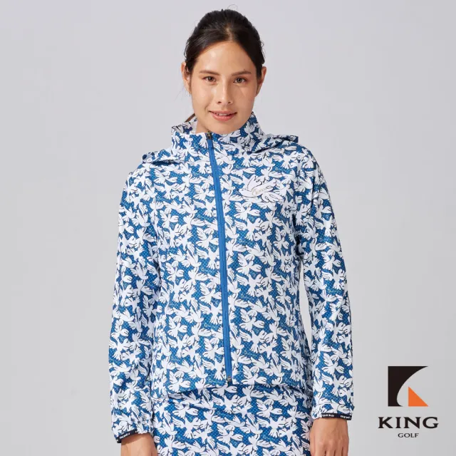 【KING GOLF】網路獨家-女款防潑水滿版白鳥印花立領拉鍊高爾夫球可收連帽夾克外套-深藍色