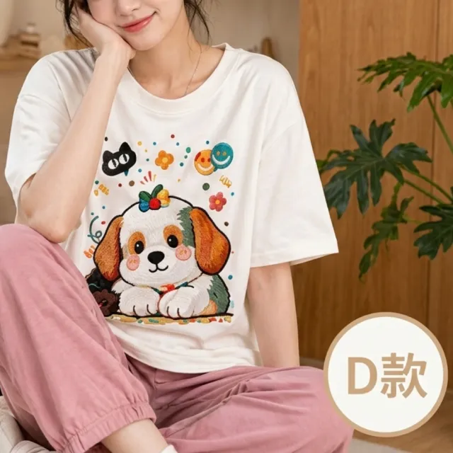 【LANNI 藍尼】現貨 買一送一 卡通印花寬鬆圓領T恤(女裝/短袖上衣/休閒/百搭/日系/通勤)