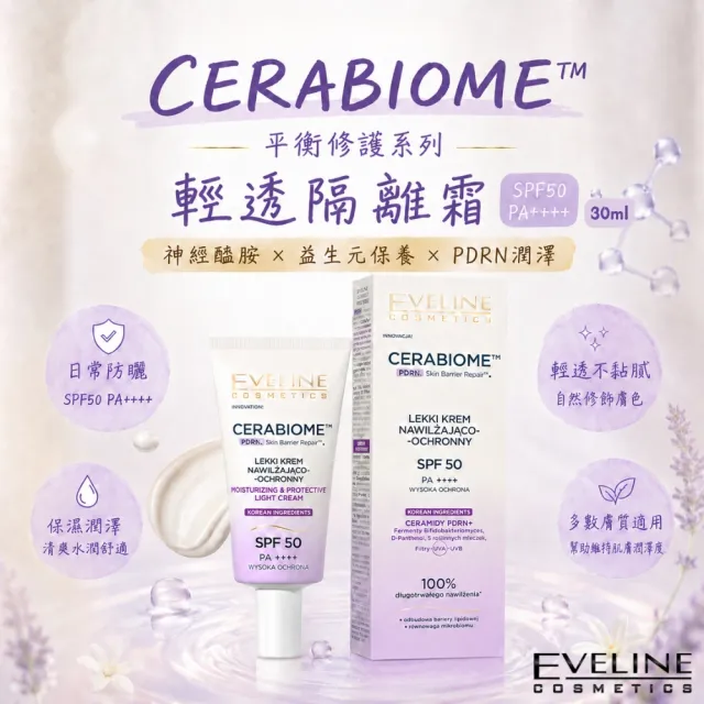【Eveline Cosmetics】CERABIOME™ 輕透隔離霜 SPF50 PA++++ 30ml｜平衡修護系列(波蘭原裝)