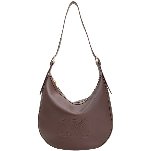 【CELINE】賽琳 Heloise 凱旋門浮雕粒面小牛皮手提 肩背半月包(酒紅色 流浪包 半月包)
