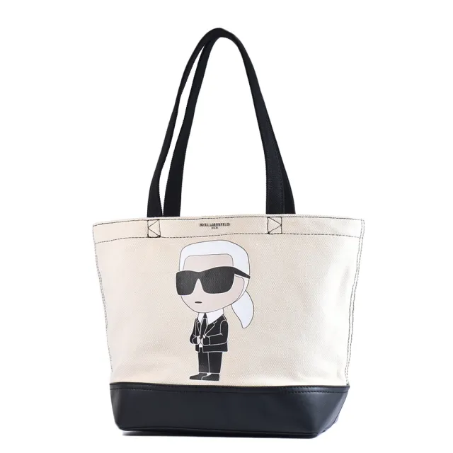 【KARL LAGERFELD 卡爾】Q版老佛爺磁釦棉布拚皮革托特包-米色