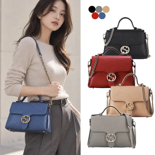 【GUCCI 古馳】510302 經典金屬雙G LOGO荔枝牛皮手提/斜背兩用包(多色可選)