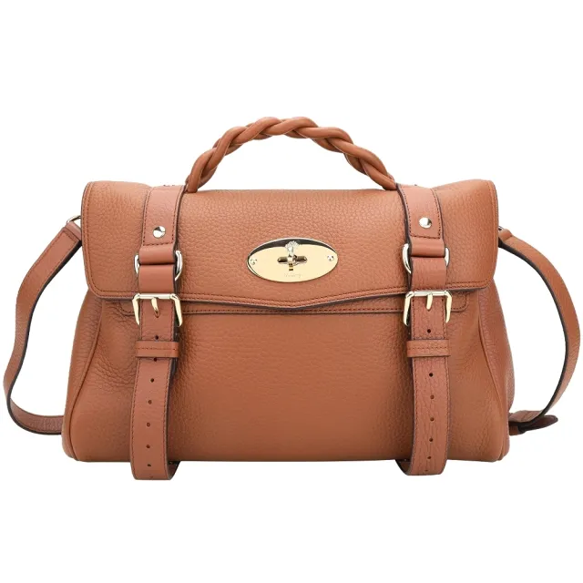 【MULBERRY】Alexa 大款 郵差鎖釦粒面牛皮手提 斜背包(咖棕色 學院包 通勤包 英國精品)