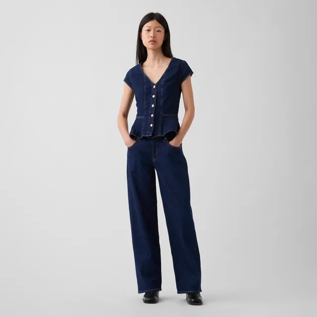 【GAP】貼身牛仔荷葉邊上衣-深色水洗(913927)