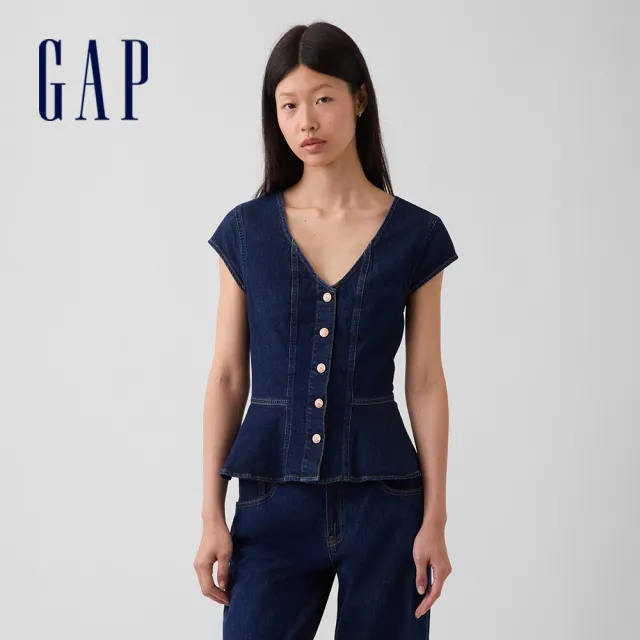 【GAP】貼身牛仔荷葉邊上衣-深色水洗(913927)