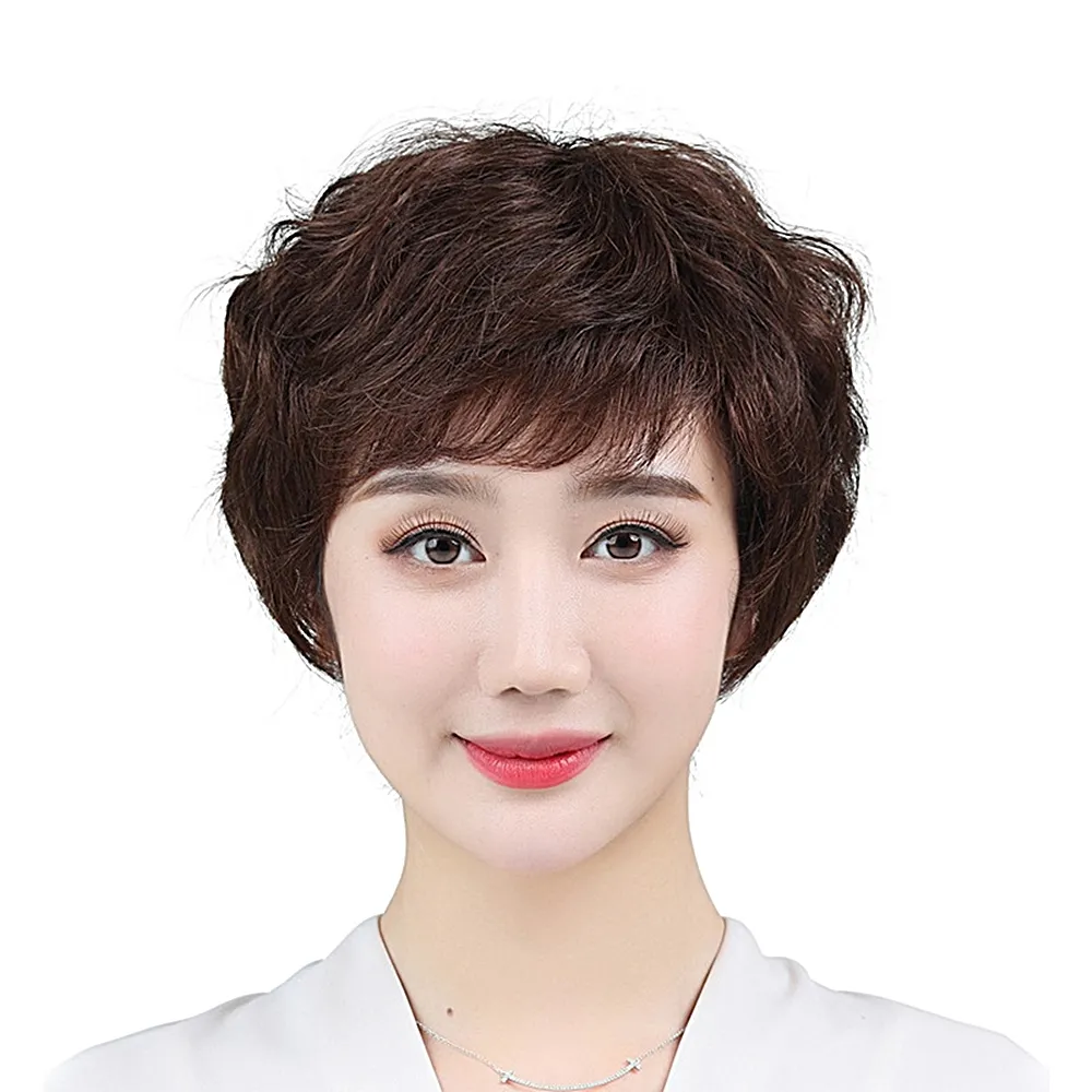 【米蘭精品】極速出貨  女假髮整頂真髮短假髮透氣假髮片輕量免打理隱形增髮整頂假髮(熟齡捲髮4色74ea2)