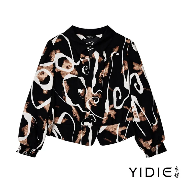 【YIDIE】抽象印花翻領雪紡上衣-黑