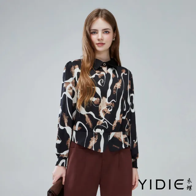 【YIDIE】抽象印花翻領雪紡上衣-黑