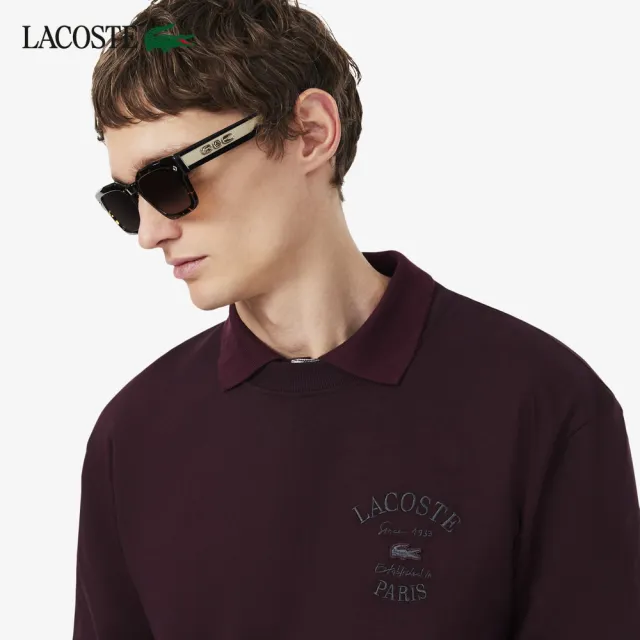 【LACOSTE】男款-寬鬆巴黎文字刺繡長袖T恤(深棕色)
